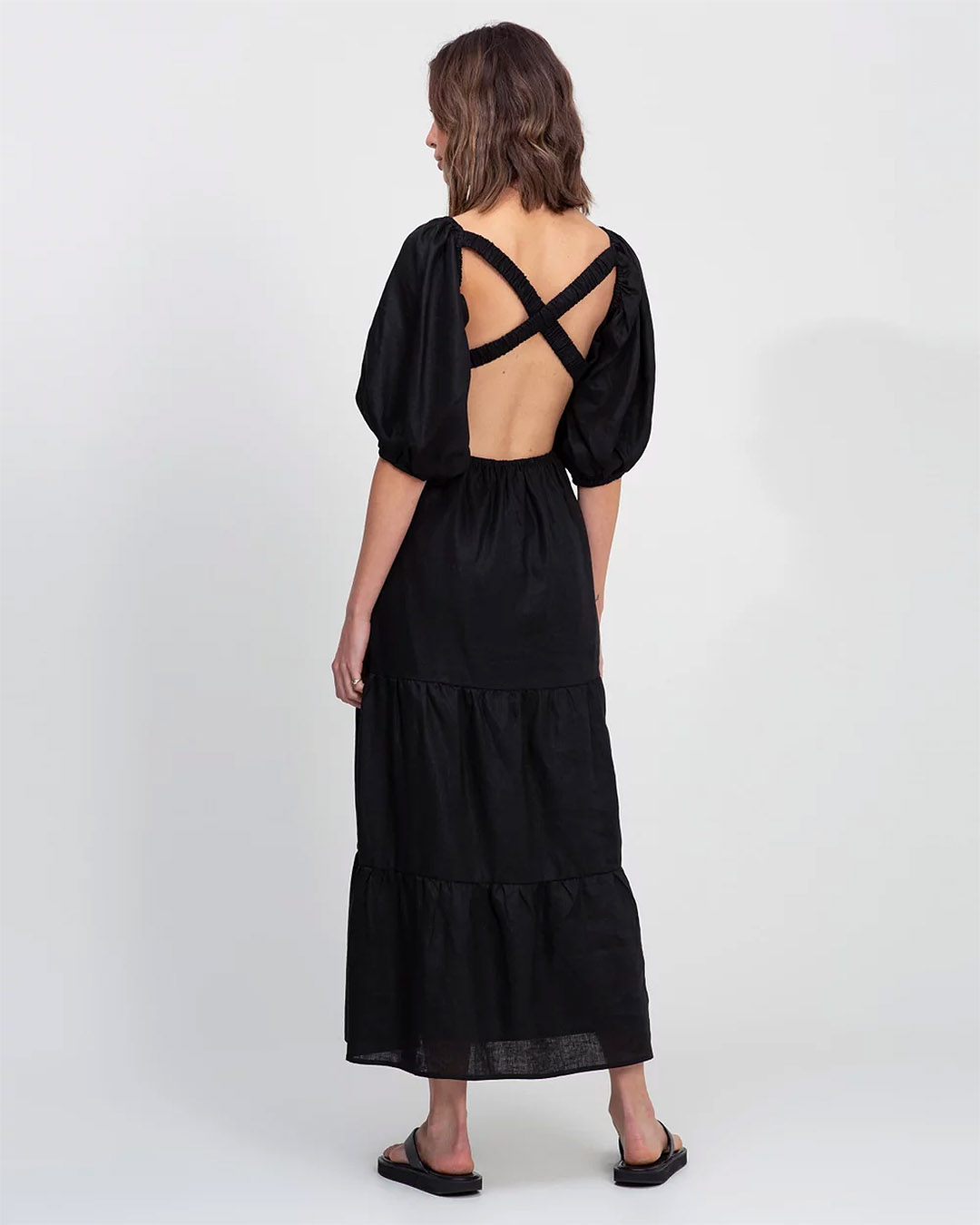 We see the back of a black women's dress with balloon sleeves and crossed straps on a back cutout. 