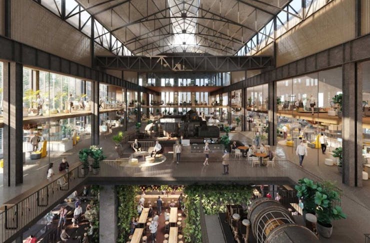Artist impression of reatil and dining precinct at the East Perth Power Plant Redevelopment
