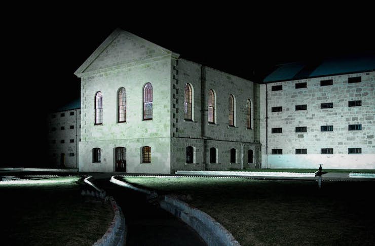 Exterior of Fremantle Prison lit up at night