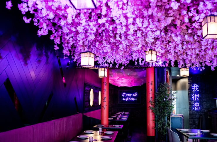 An interior shot of Maggie Choo's stunning neon pink interior, complete with hanging paper umbrellas.