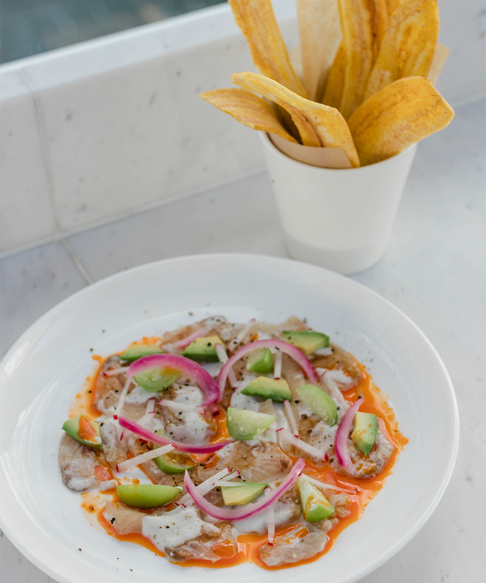 A plate of ceviche and a bowl of plantain chips at Maya 