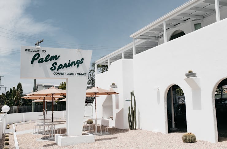 The whitewashed exterior of Burleigh's new cafe, Palm Springs.