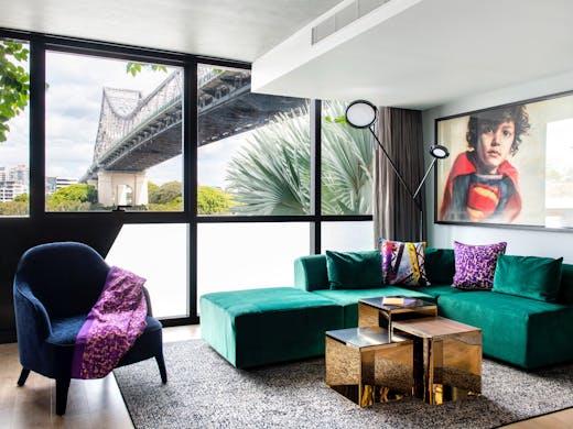 A colourful hotel room under the story bridge