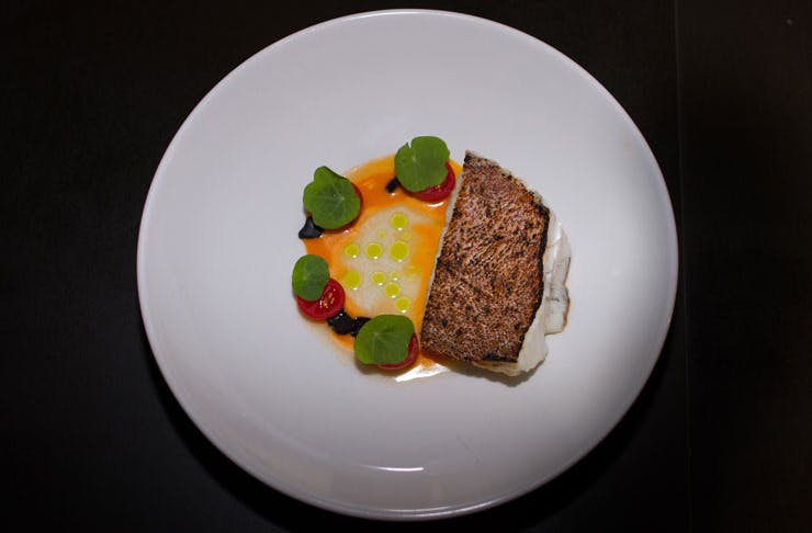 A plated-up meal from Bangalay Dining, where chef Brent Strong focuses on local native ingredients. 