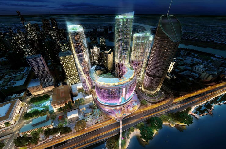 Artists impression of Queens Wharf, with several neon lit towers by the river