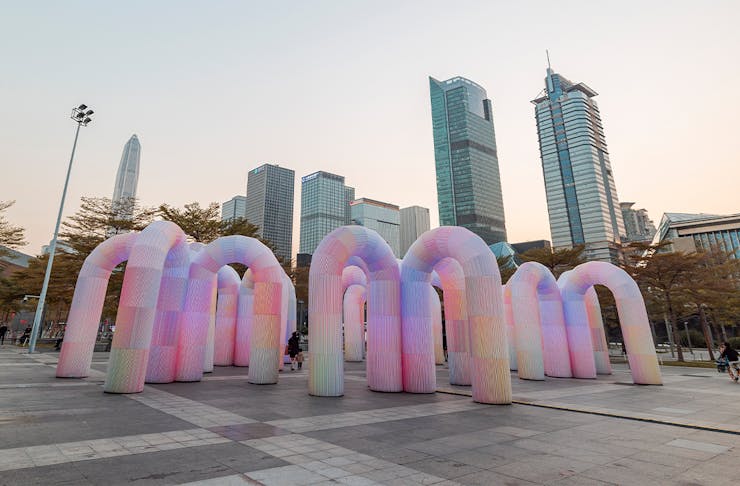 an installation of inflatable arches