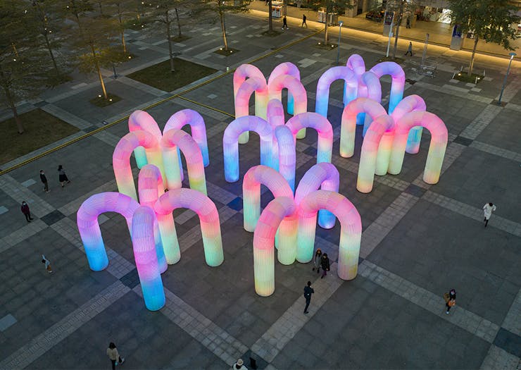 an installation of inflatable arches
