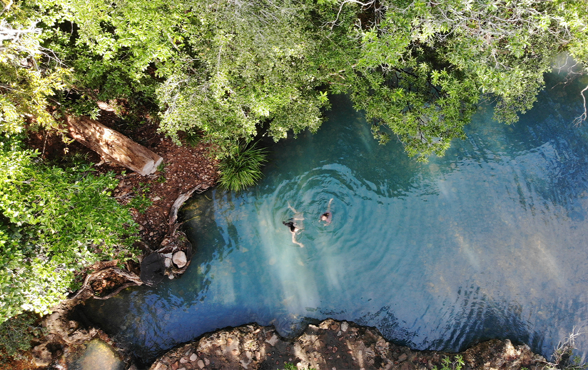 a drone view of a blue creek