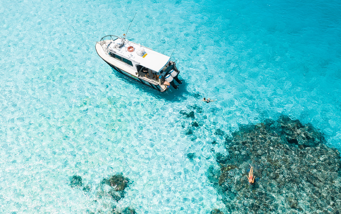 a person snorkeling in crystal clear water, seen from above