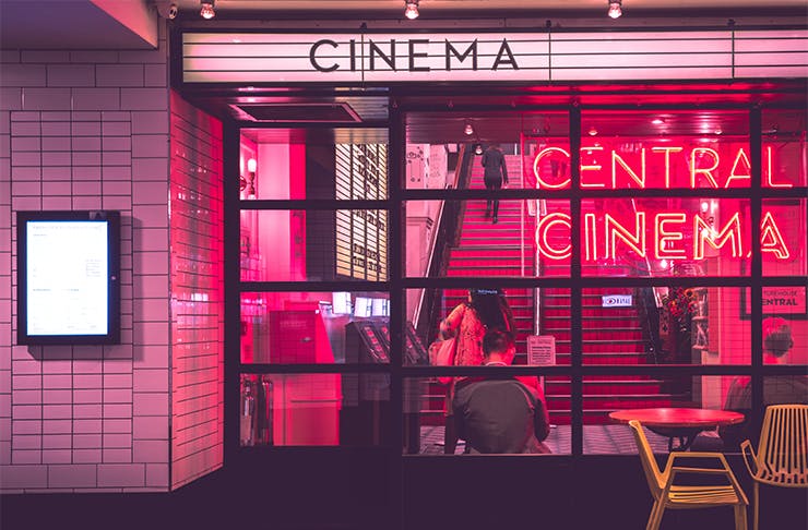 a neon pink cinema
