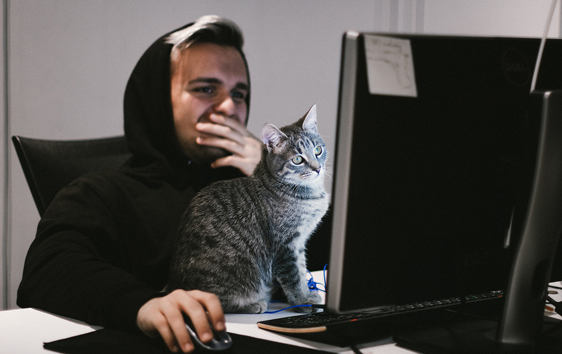 A man looks at his computer in surprise with a cute little cat looking at the screen with him.