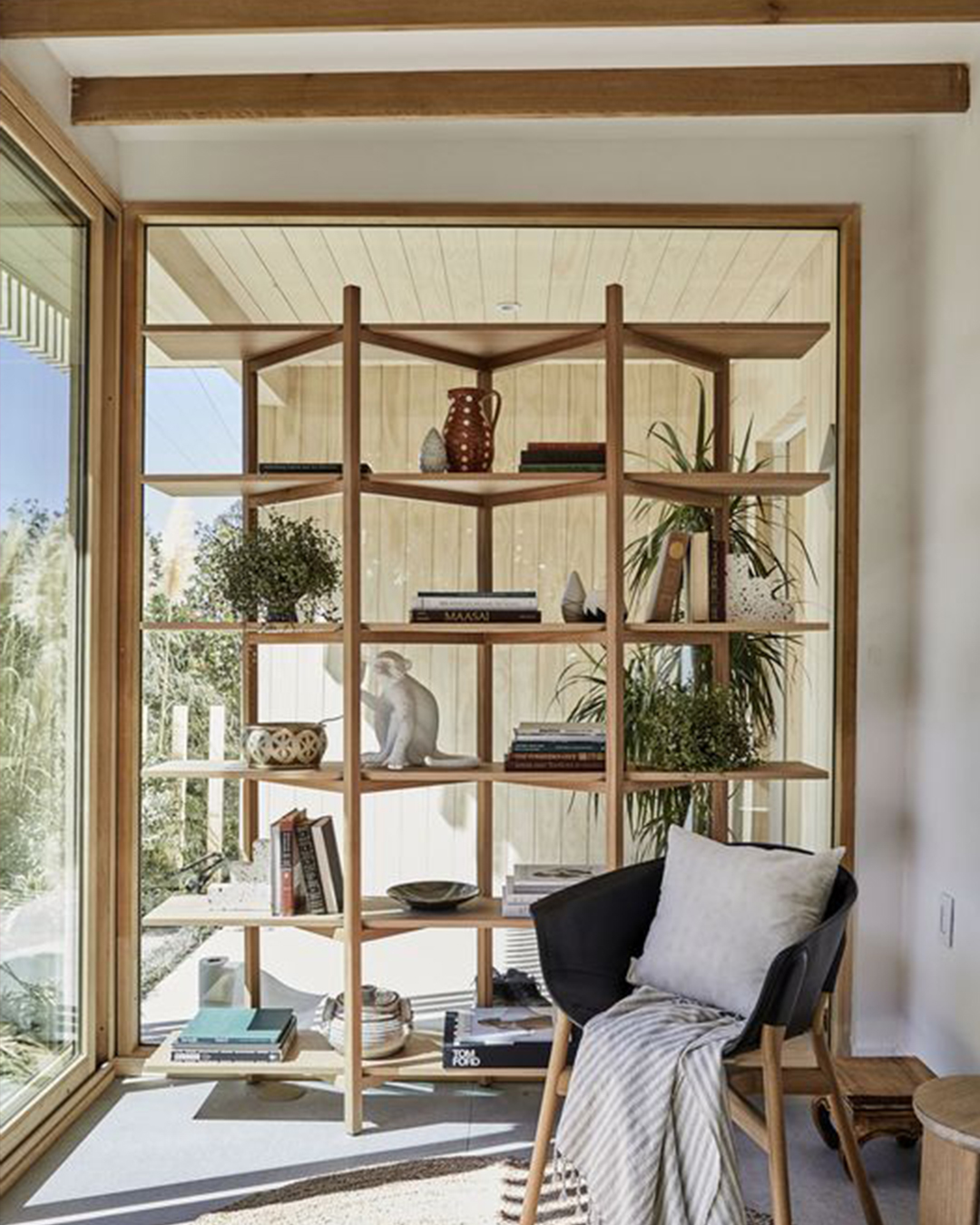 Japandi style home featuring shelving
