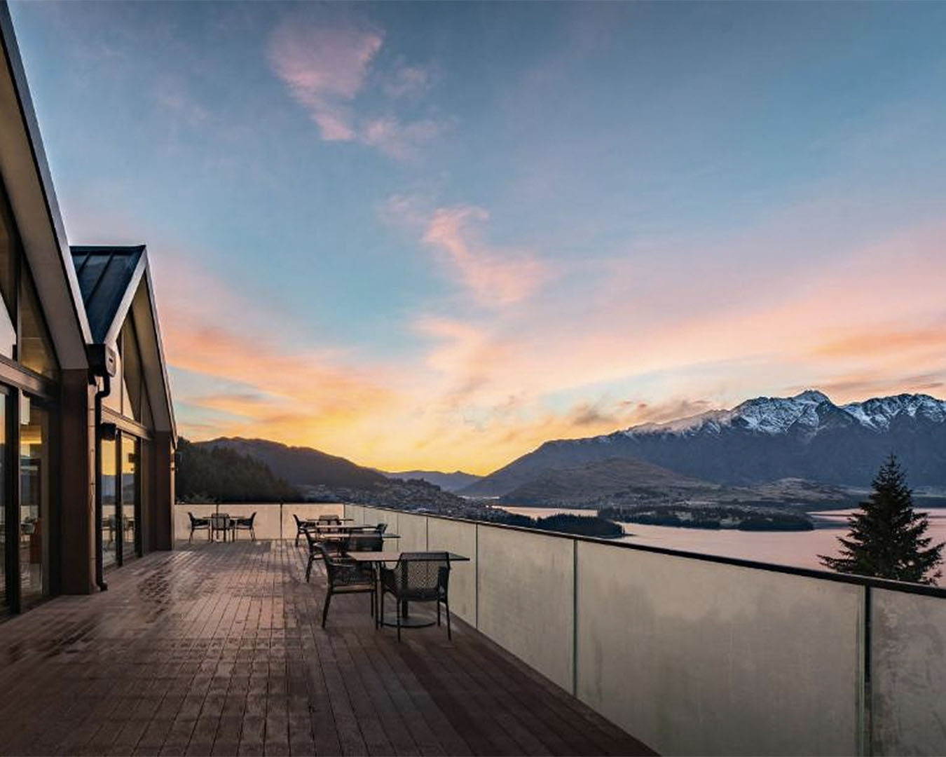 The expansive deck at Kamana Lakehouse in Queenstown.