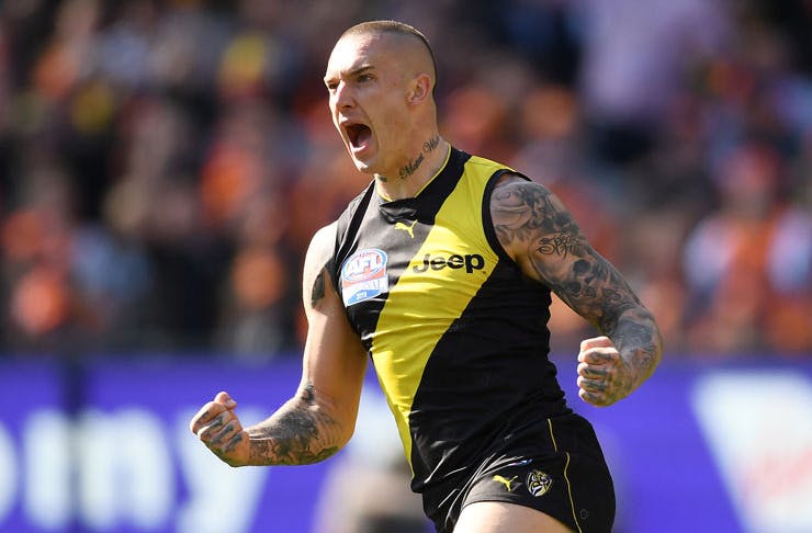 Dustin Martin of the Tigers celebrates kicking a goal during the 2019 AFL Grand Final match between the Richmond Tigers and the Greater Western Sydney Giants at Melbourne Cricket Ground on September 28, 2019 in Melbourne, Australia. 