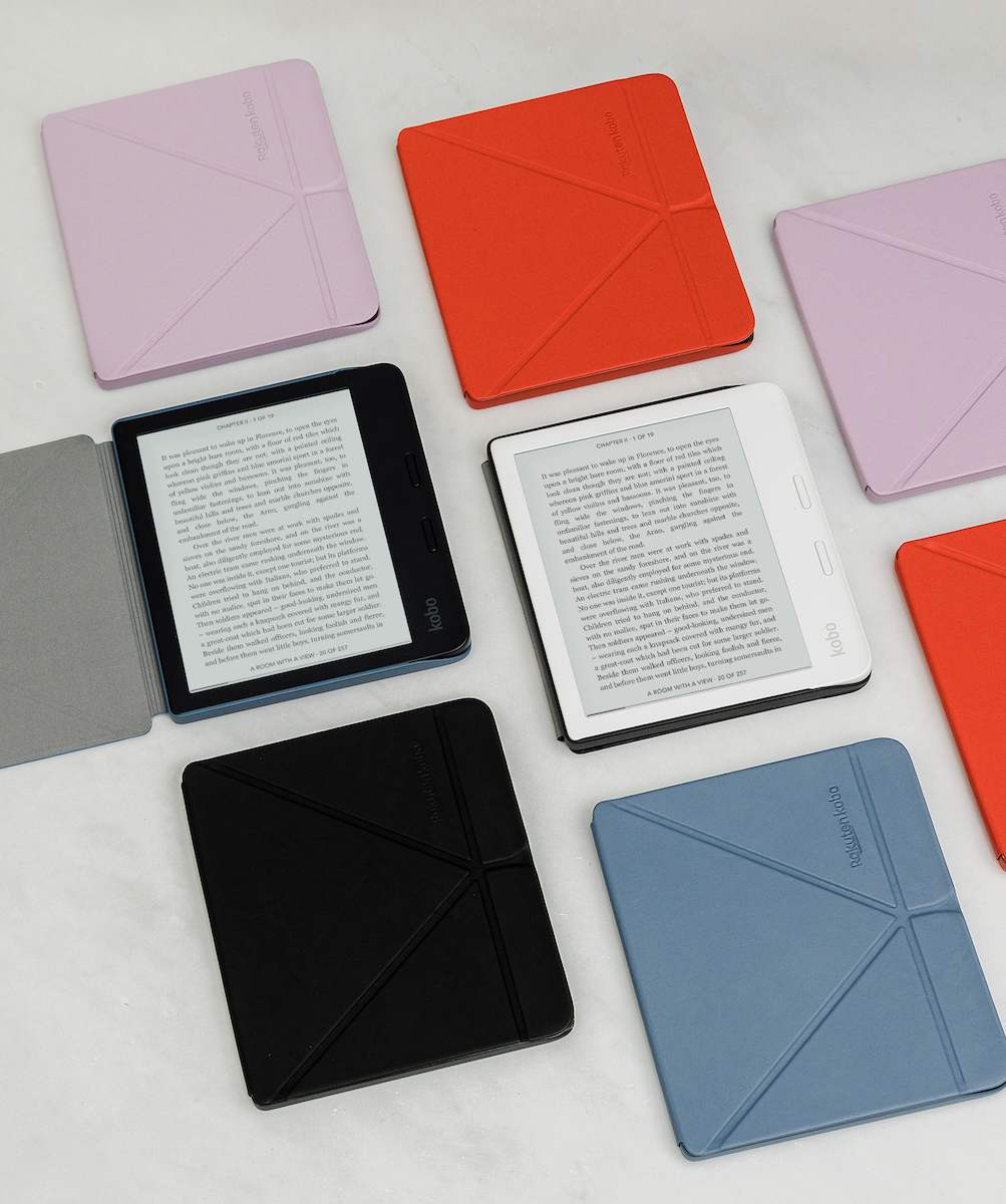 A table filled with Kobo Libra 2 eReaders