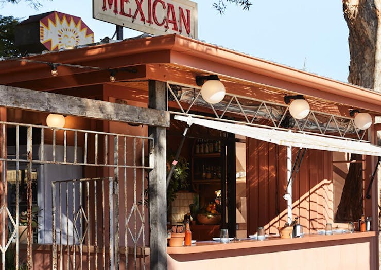 The terracotta-coloured exterior of Mexican restaurant, La Casita.