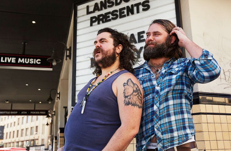 Mary's founders Jake Smyth and Kenny Graham stand outside the Lansdowne Hotel in Chippendale in Sydney. 