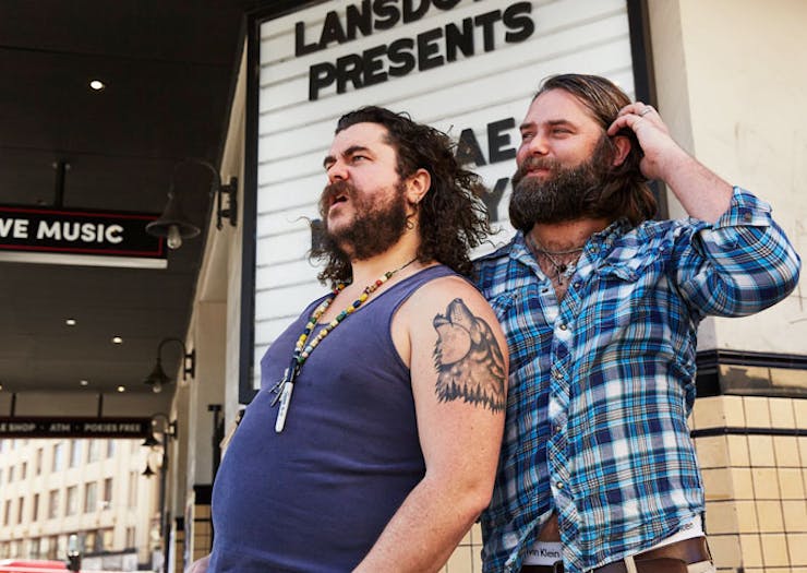 Mary's founders Jake Smyth and Kenny Graham stand outside the Lansdowne Hotel in Chippendale in Sydney. 