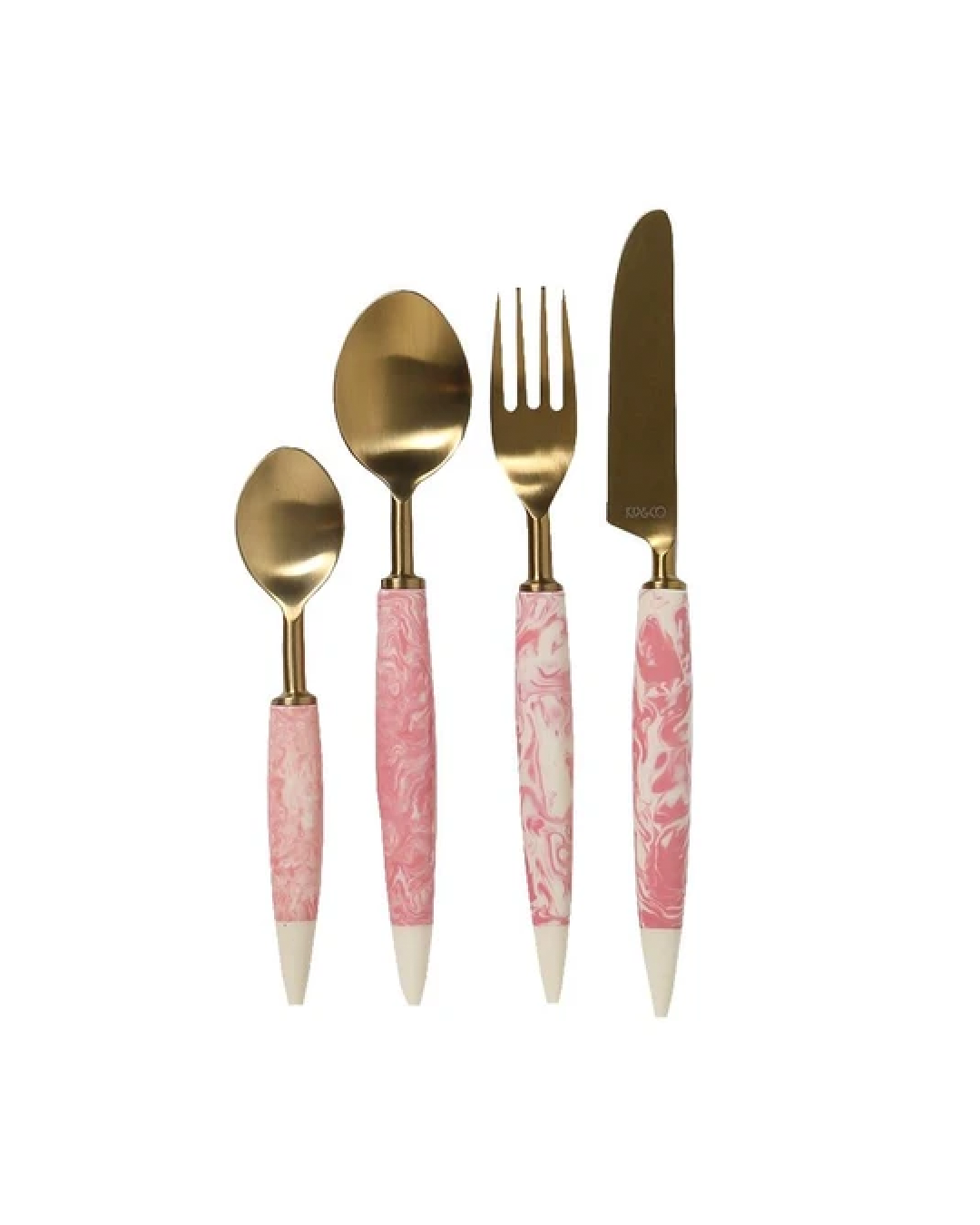 A set of brass cutlery with pink marble handles
