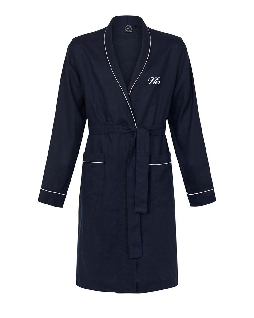 A navy blue knee-length linen robe, monogrammed 'His'