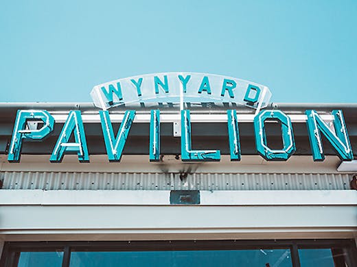 The sign outside Wynyard Pavilion in the sun