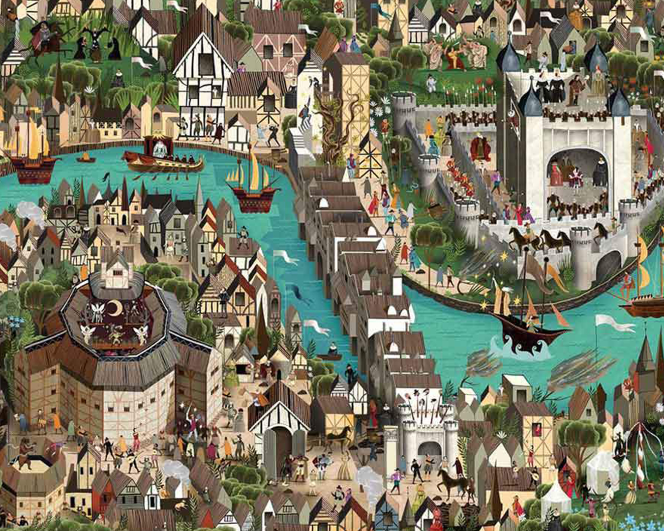 Picture of a puzzle depicting an illustration of London, with old buildings, the river thames filled with ships and The Globe. 