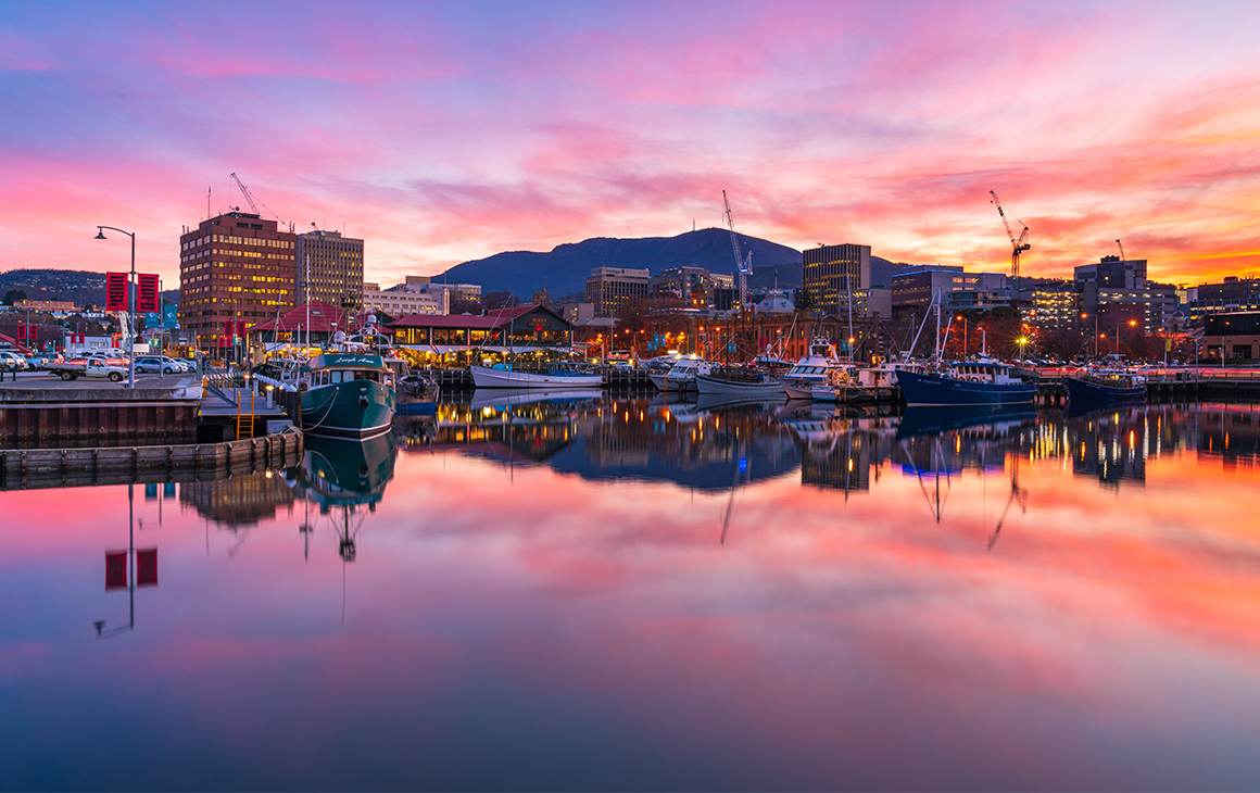 Hobart waterfront at sunset