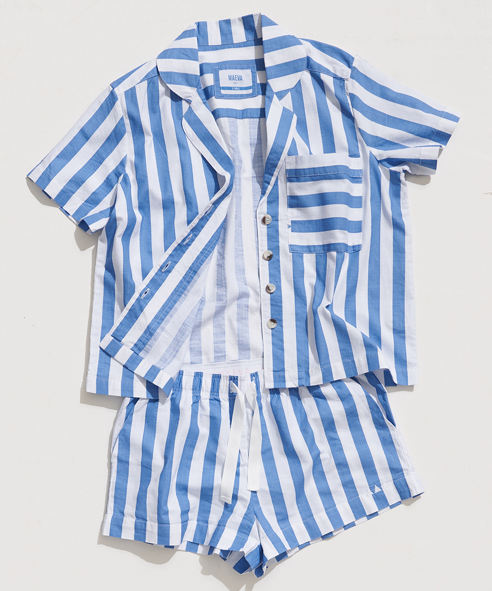 a set of white and blue striped pjs