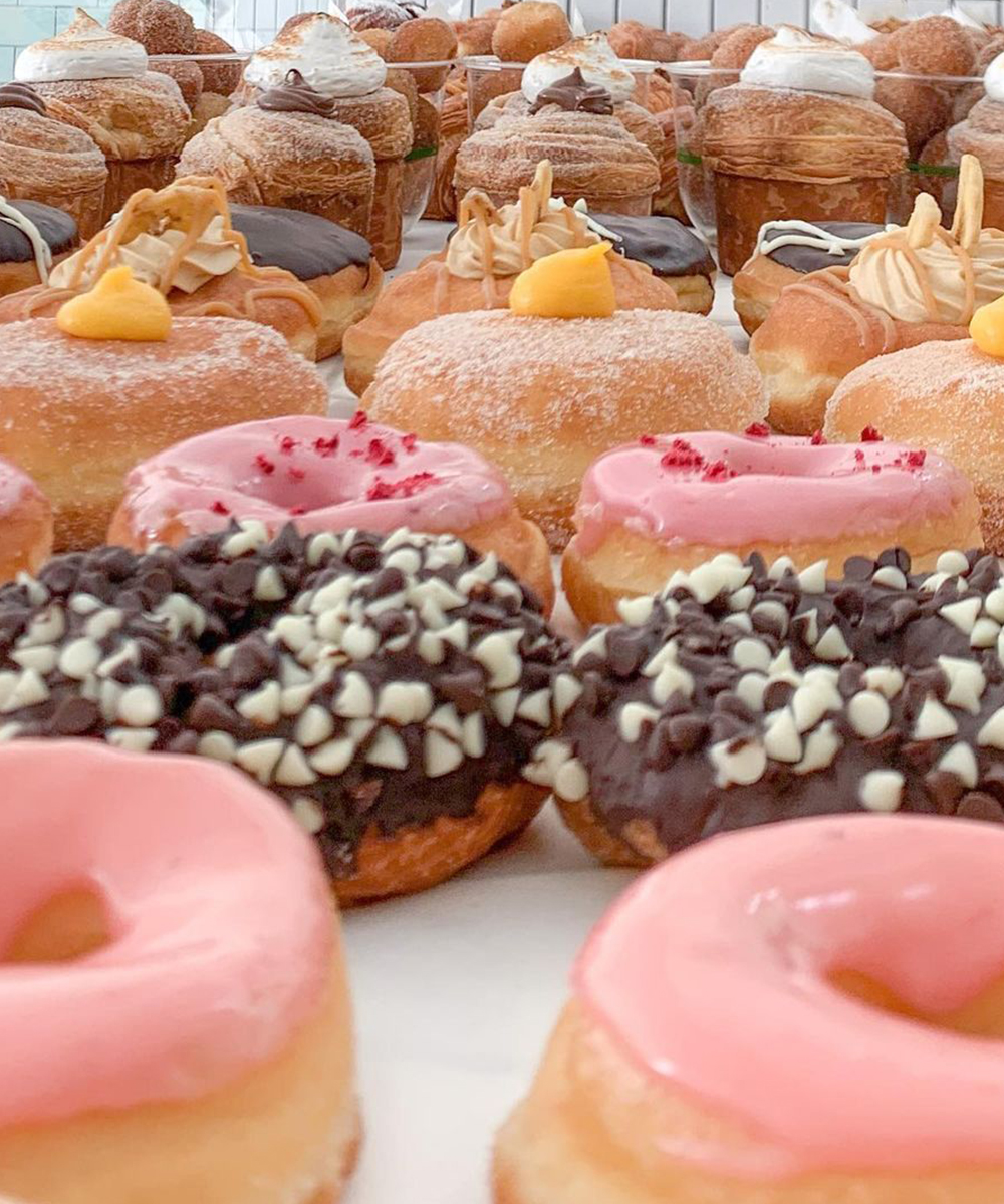 rows of iced doughnuts