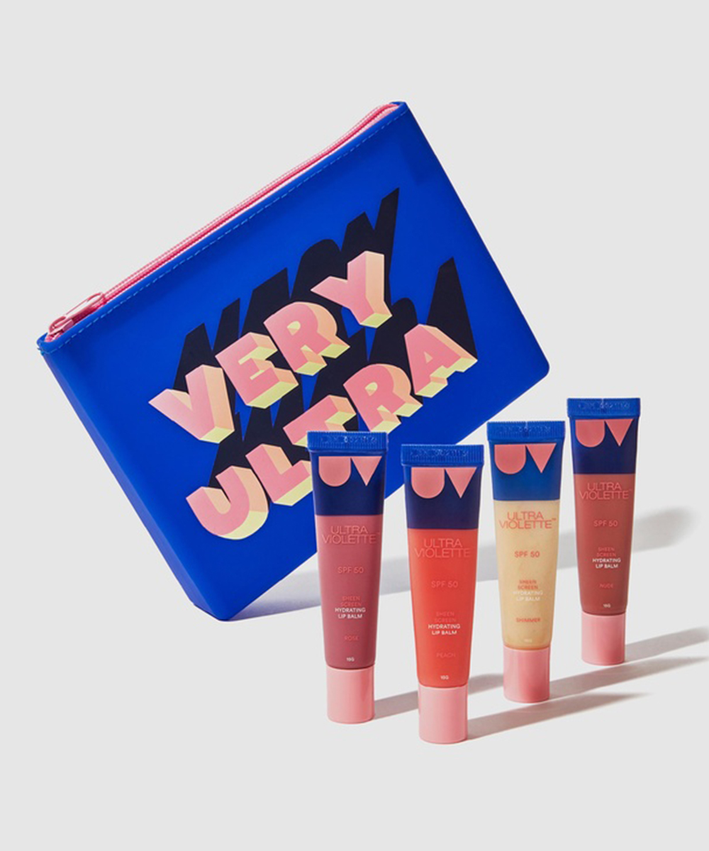 four lip balms and a blue and pink make up bag.