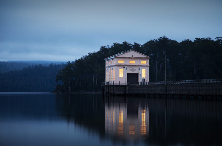 The two-storey Pumphouse Point in the middle of a lake