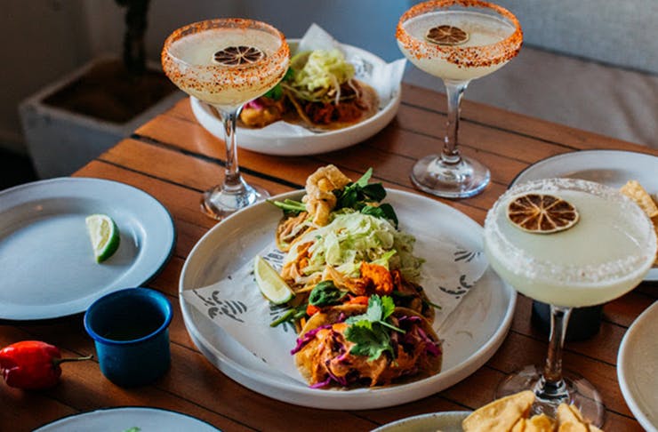 bottomless brunch spread with margaritas