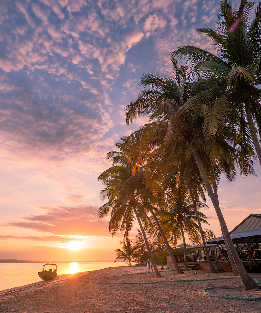 a dreamy sunset on Bathurst Island. There's a pink and purple sky, a boat in the distance and palm trees.